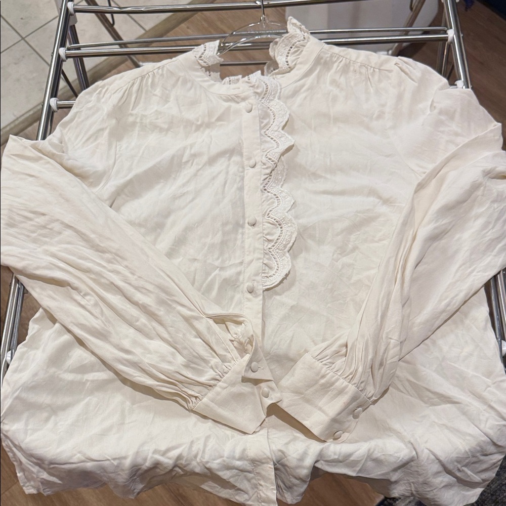 Sézane Cream Silk Blouse with Lace Trim